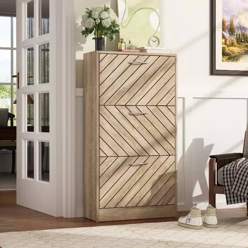 Famapy Brown Woodgrain 3 Drawer Flip Up Shoe Cabinet Openwork