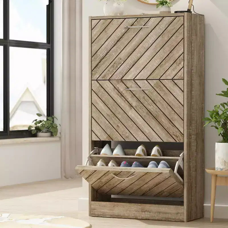 Meuble à chaussures basculant 3 tiroirs ajourés Marron veiné bois