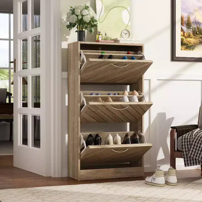 Meuble à chaussures basculant 3 tiroirs ajourés Marron veiné bois