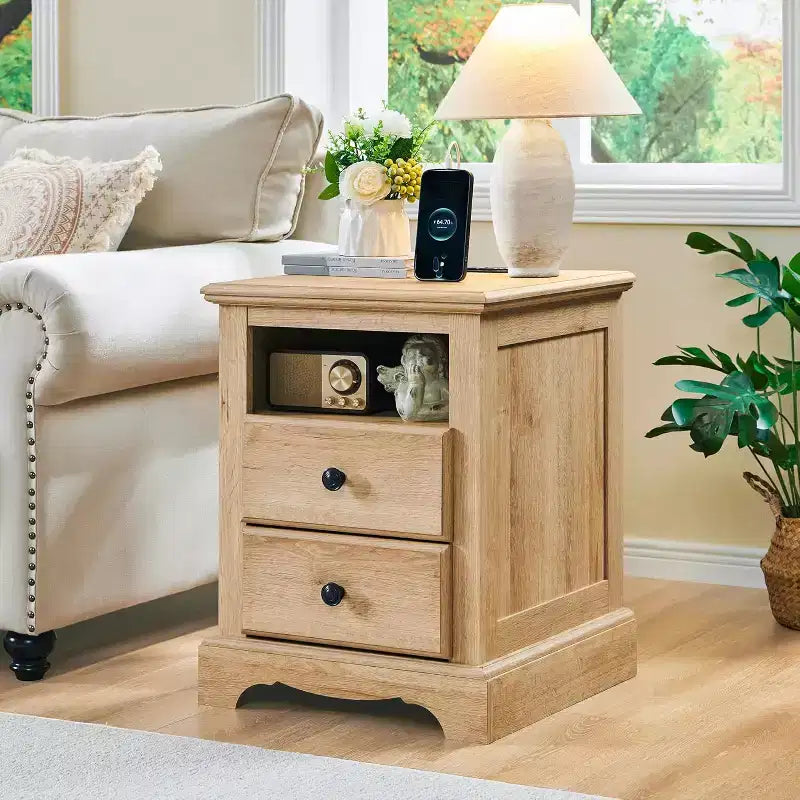18 Vintage Nightstand with Charging Station, End Table Side Table with 2 Drawers for Bedroom, Living Room