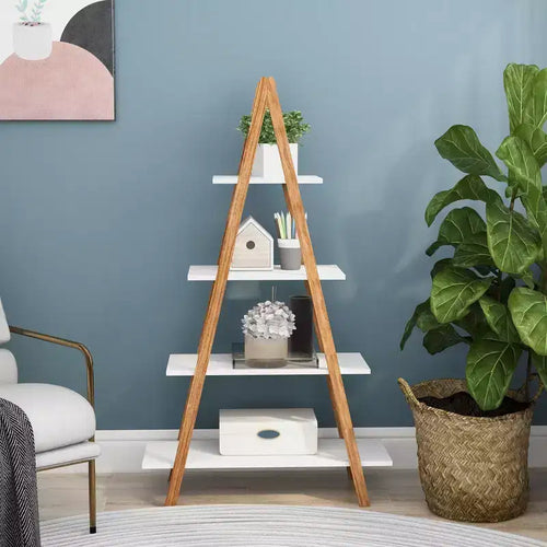 AndMakers 16.93 in. Tall White A Frame Bamboo Wood 4-Shelf Bookcase