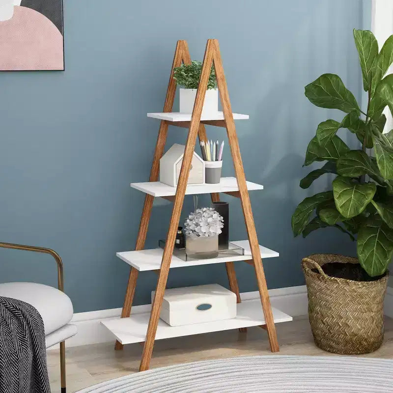 Bibliothèque haute de 42,9 cm en bambou blanc avec 4 étagères en forme de A