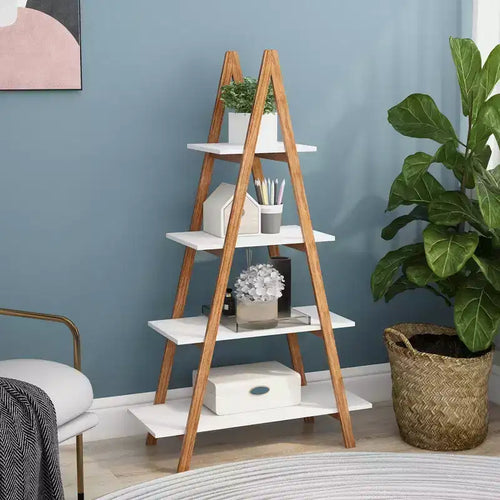 Bibliothèque haute de 42,9 cm en bambou blanc avec 4 étagères en forme de A