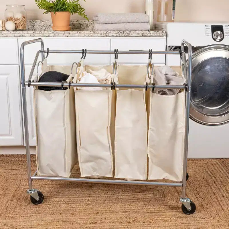 Trieur de linge quadruple robuste, chariot de tri de linge roulant, chariot de tri de linge à 4 sacs avec sacs lavables et amovibles, chromé