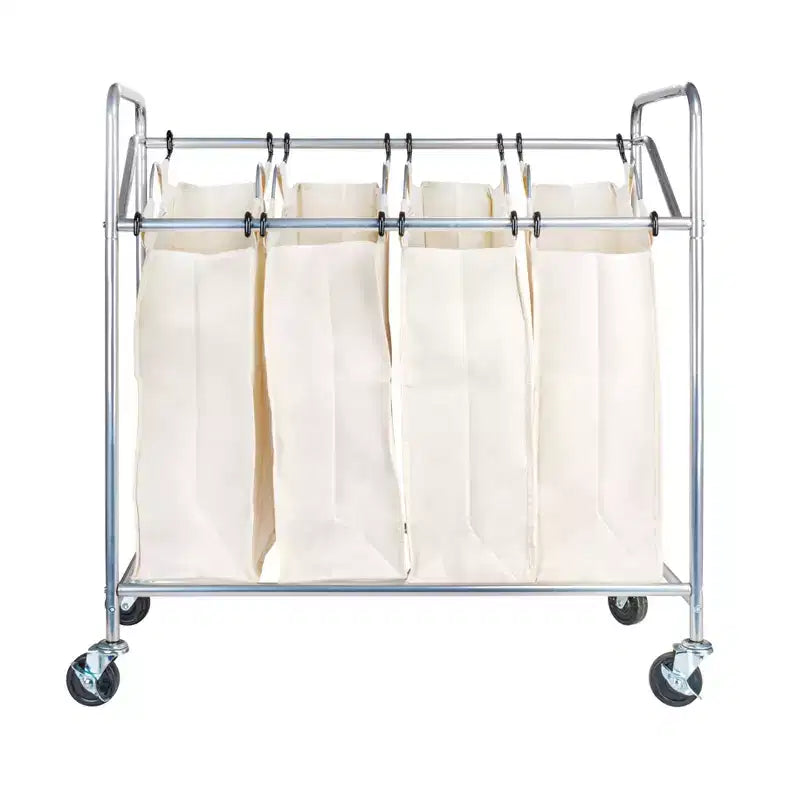 Trieur de linge quadruple robuste, chariot de tri de linge roulant, chariot de tri de linge à 4 sacs avec sacs lavables et amovibles, chromé