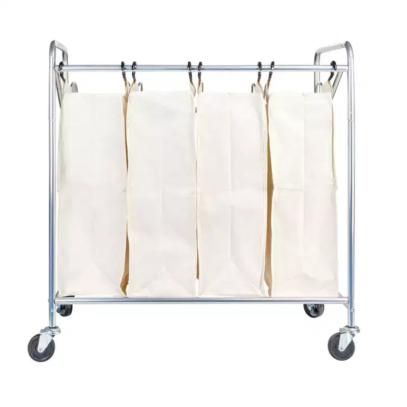 Trieur de linge quadruple robuste, chariot de tri de linge roulant, chariot de tri de linge à 4 sacs avec sacs lavables et amovibles, chromé