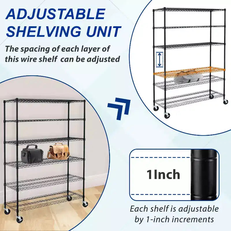 Étagère métallique réglable à 6 niveaux Unité de rangement à roulettes Solution d'organisation peu encombrante pour garage sous-sol