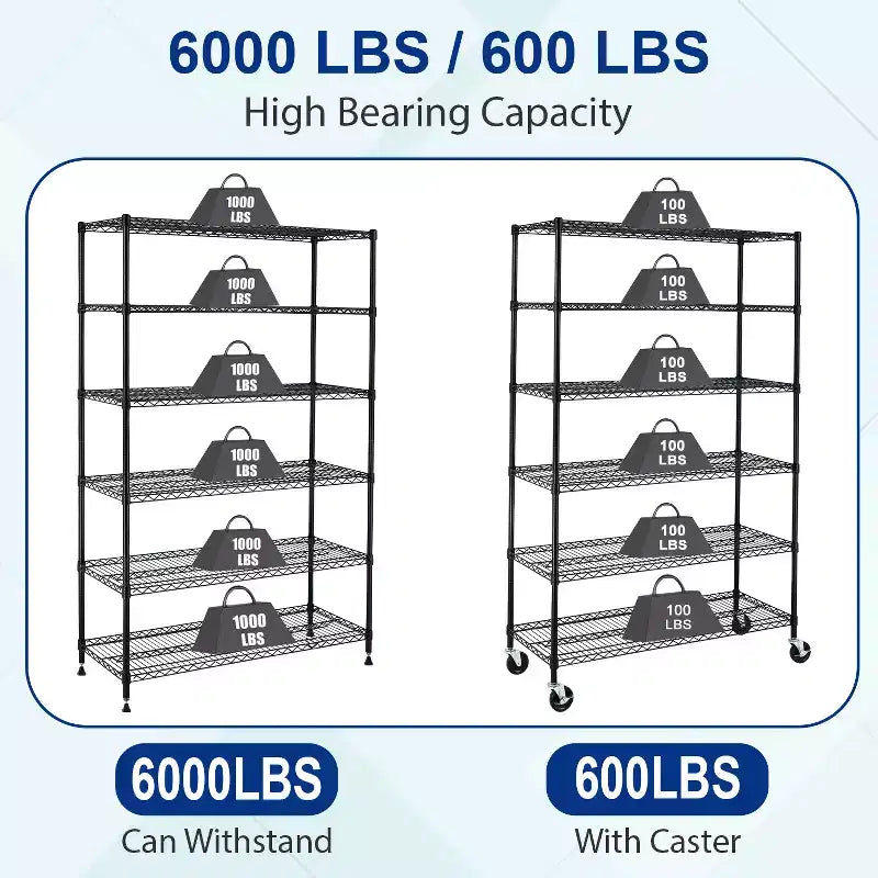Étagère métallique réglable à 6 niveaux Unité de rangement à roulettes Solution d'organisation peu encombrante pour garage sous-sol