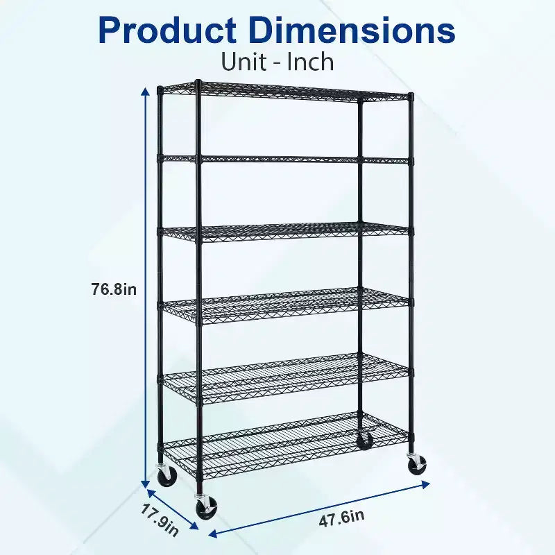 Étagère métallique réglable à 6 niveaux Unité de rangement à roulettes Solution d'organisation peu encombrante pour garage sous-sol