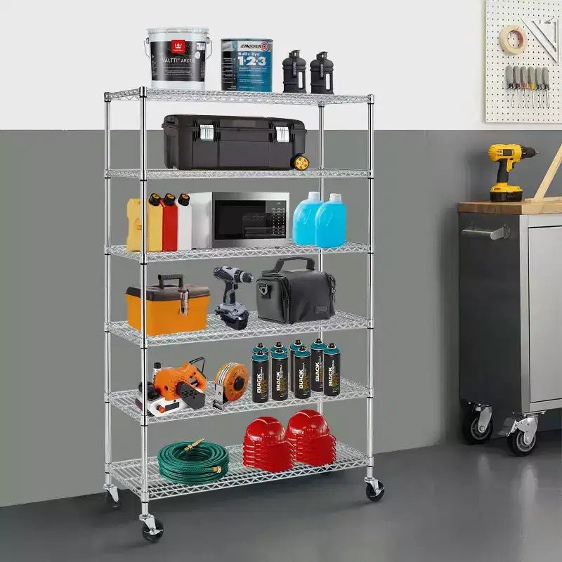 Étagère métallique réglable à 6 niveaux Unité de rangement à roulettes Solution d'organisation peu encombrante pour garage sous-sol