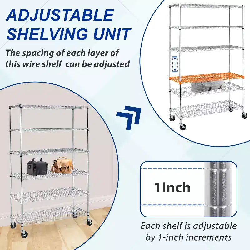 Étagère métallique réglable à 6 niveaux Unité de rangement à roulettes Solution d'organisation peu encombrante pour garage sous-sol