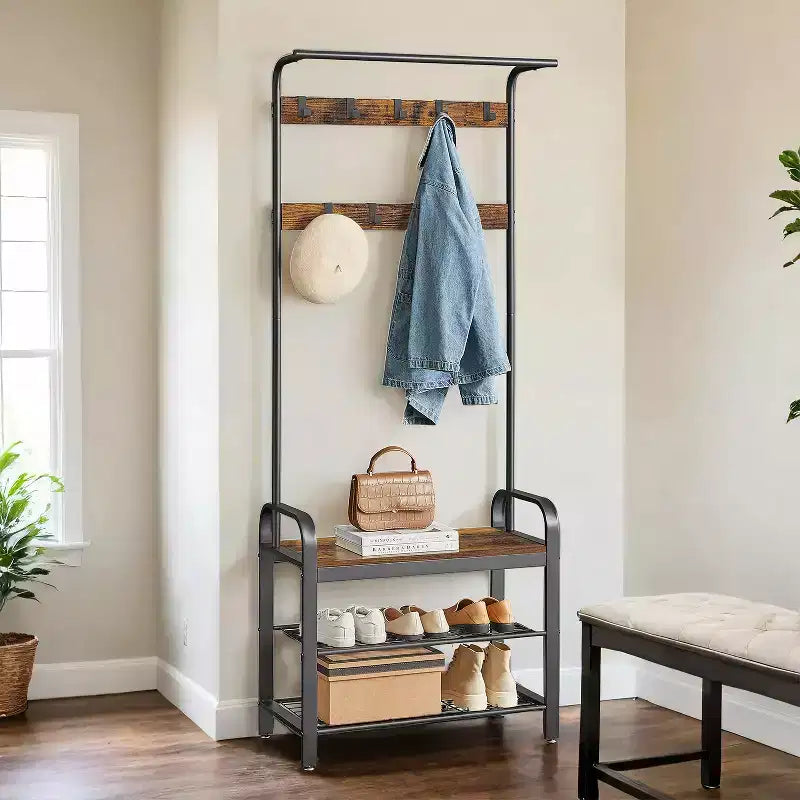 Porte-manteau avec rangement pour chaussures pour entrée, 9 crochets robustes, banc à chaussures pour petites entrées, appartements