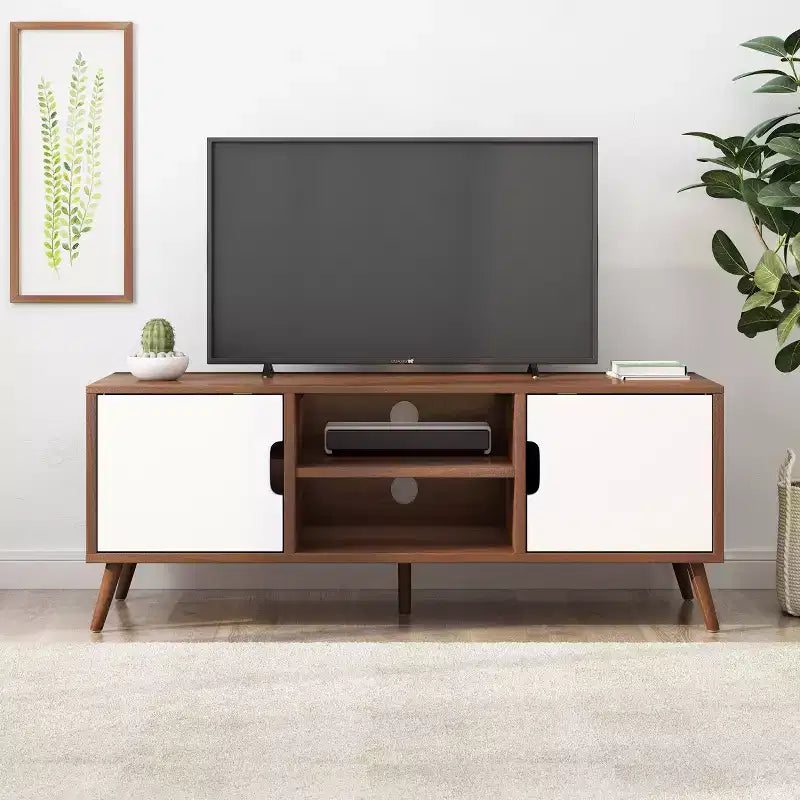 Meuble TV en bois de 120 cm avec 2 armoires, Noyer et Blanc