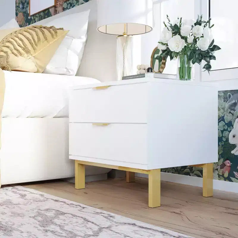 Table de chevet moderne à deux tiroirs en bois veiné avec rangement