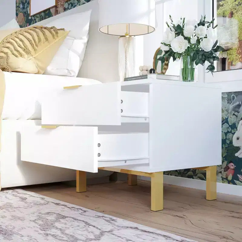Table de chevet moderne à deux tiroirs en bois veiné avec rangement