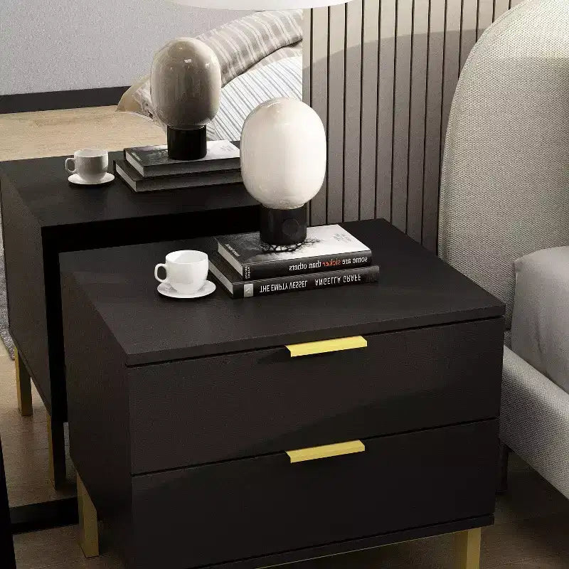 Table de chevet moderne à deux tiroirs en bois veiné avec rangement