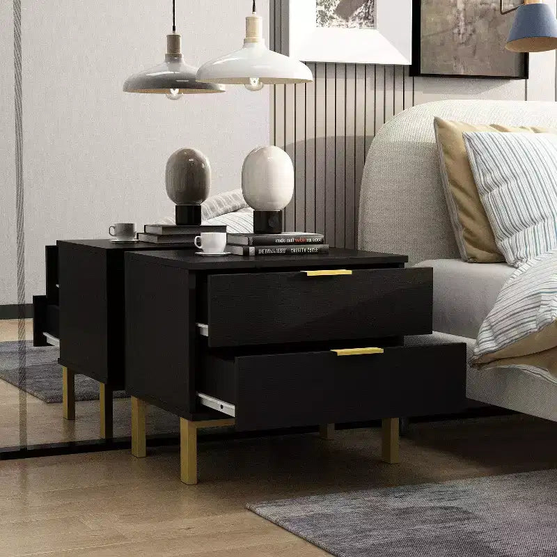 Table de chevet moderne à deux tiroirs en bois veiné avec rangement