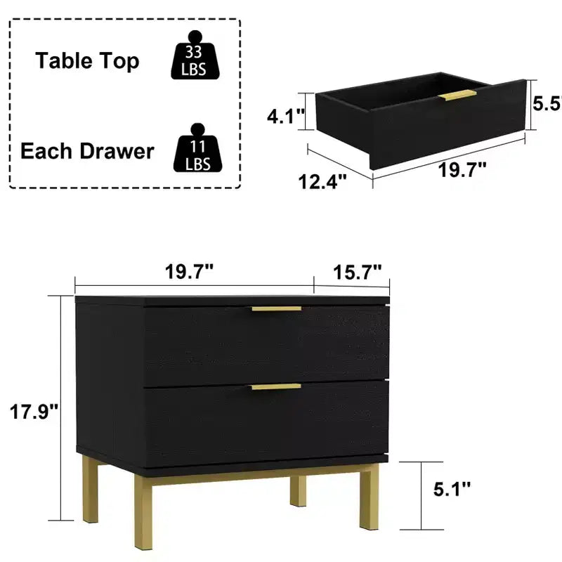 Table de chevet moderne à deux tiroirs en bois veiné avec rangement