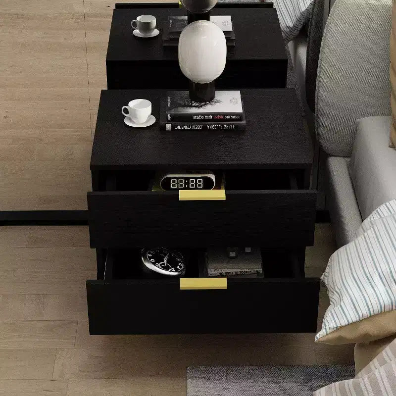 Table de chevet moderne à deux tiroirs en bois veiné avec rangement