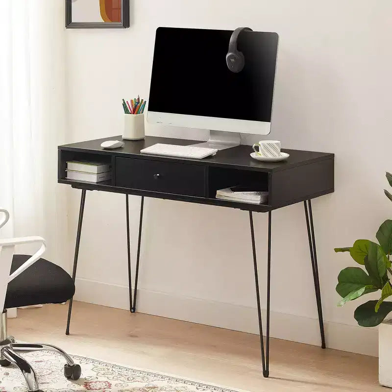 VECELO 39.3 Computer Desk Home Office Work Table with Drawers Study Writing Table Black/Brown/Gray