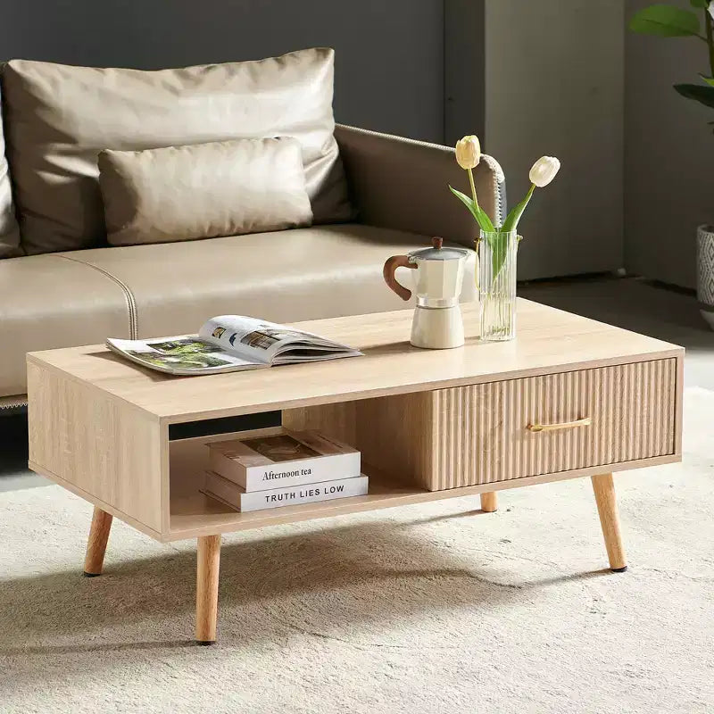 41W Coffee Table Cocktail Table Center Table with Sliding Drawer, Solid Wood Legs and Adjustable PVC Feet, Natural/White/Walnut-ModernLuxe