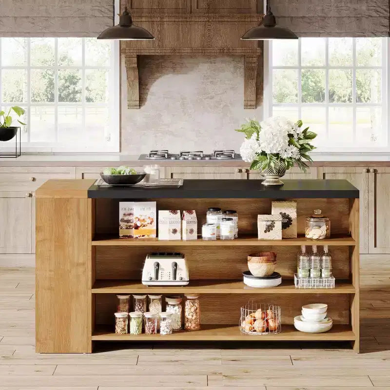 Îlot de cuisine, comptoir de bar en bois avec armoires de rangement