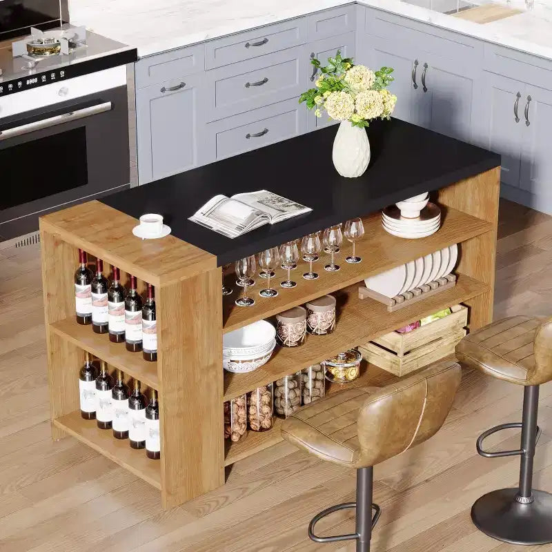 Îlot de cuisine, comptoir de bar en bois avec armoires de rangement