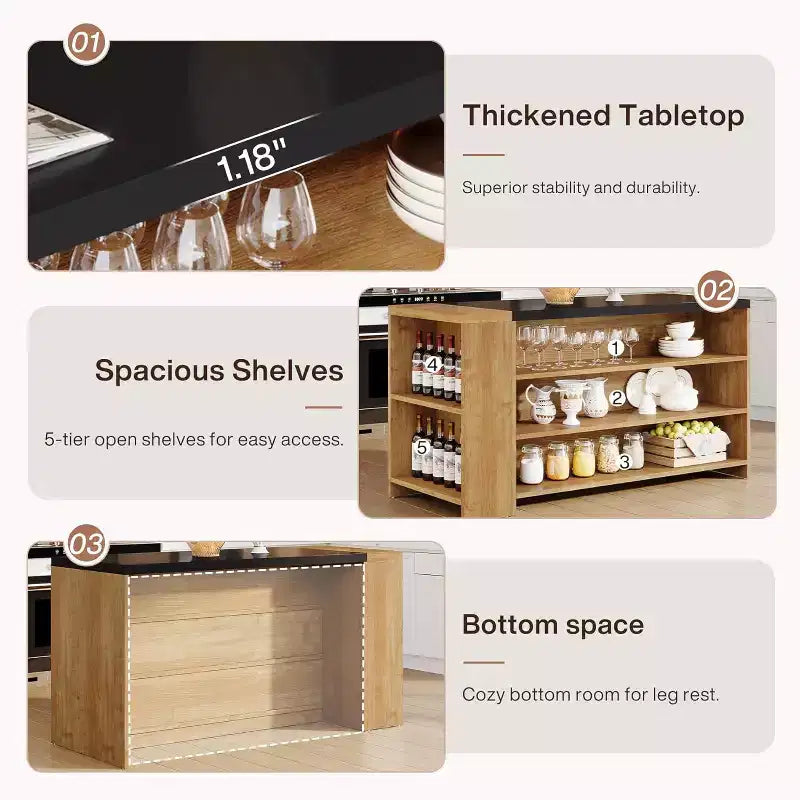 Îlot de cuisine, comptoir de bar en bois avec armoires de rangement
