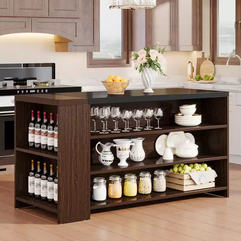 Îlot de cuisine, comptoir de bar en bois avec armoires de rangement