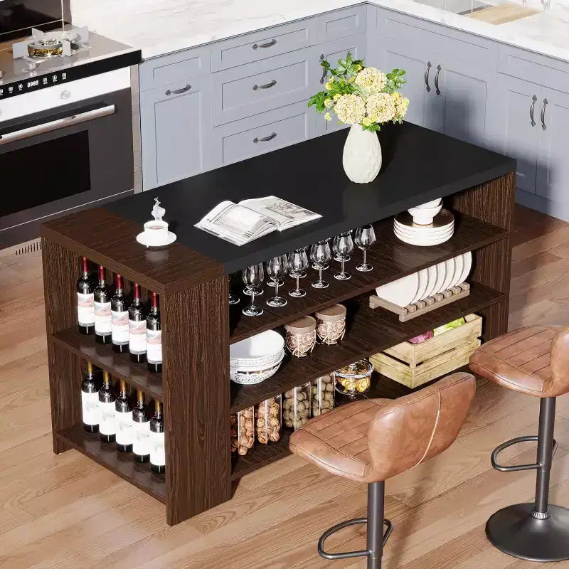Îlot de cuisine, comptoir de bar en bois avec armoires de rangement