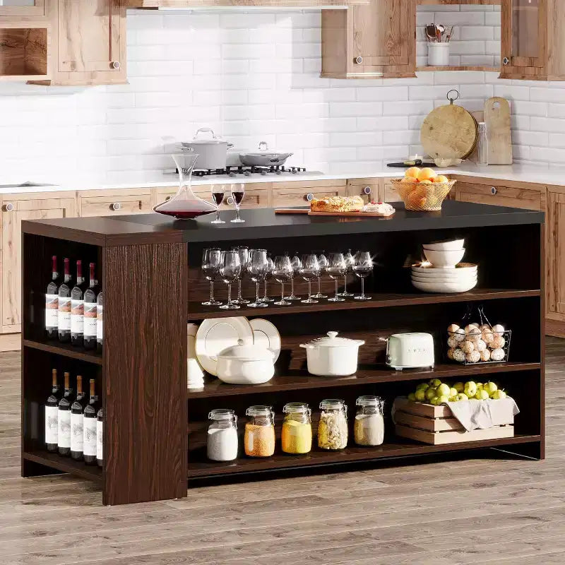 Îlot de cuisine, comptoir de bar en bois avec armoires de rangement