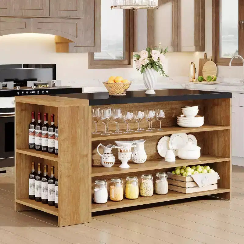 Îlot de cuisine, comptoir de bar en bois avec armoires de rangement