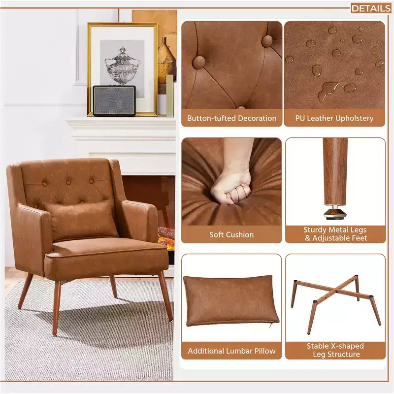 Fauteuil de style moderne capitonné à boutons marron rétro