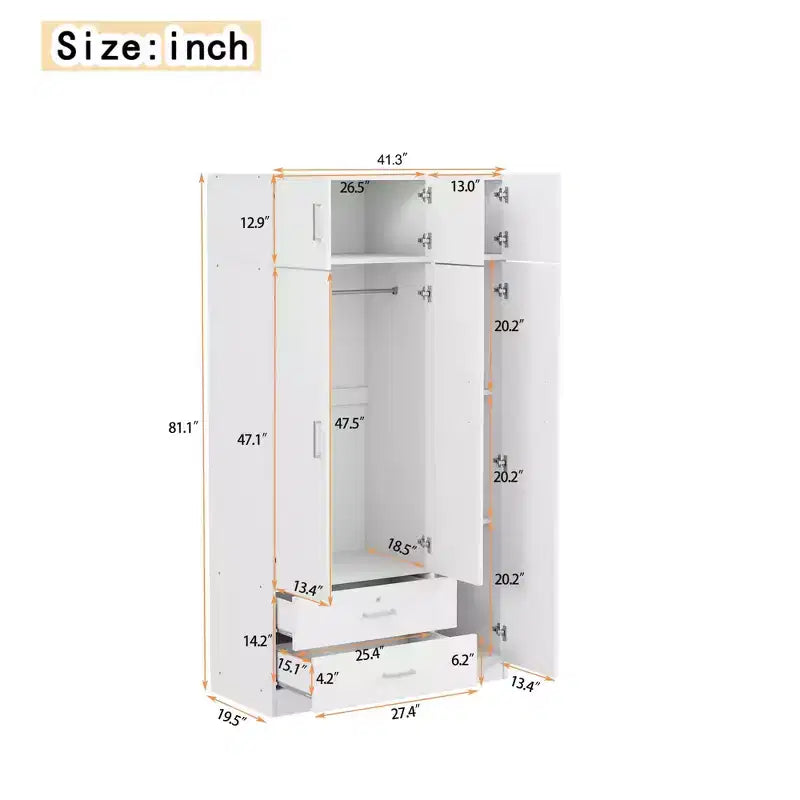 Armoire penderie 3 portes en bois avec miroir, 2 tiroirs, étagères, tringle de suspension et placard supérieur