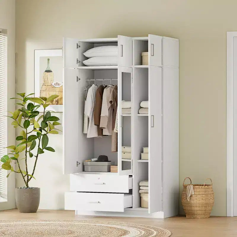Armoire penderie 3 portes en bois avec miroir, 2 tiroirs, étagères, tringle de suspension et placard supérieur