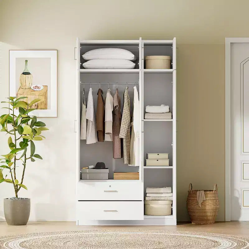 Armoire penderie 3 portes en bois avec miroir, 2 tiroirs, étagères, tringle de suspension et placard supérieur