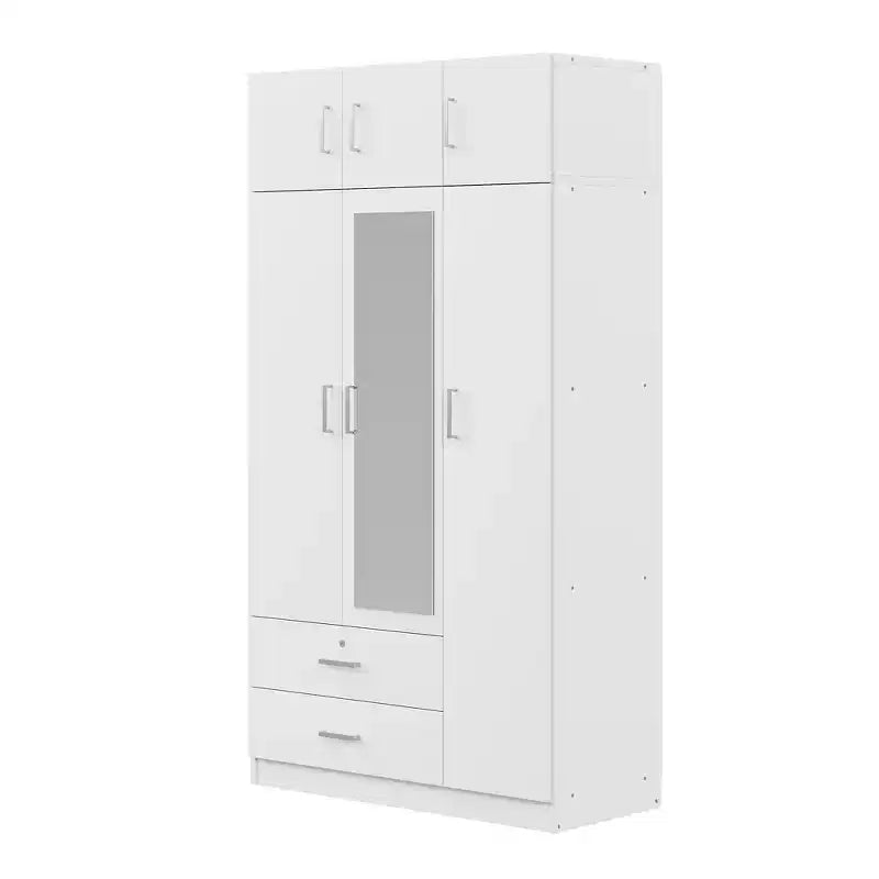 Armoire penderie 3 portes en bois avec miroir, 2 tiroirs, étagères, tringle de suspension et placard supérieur