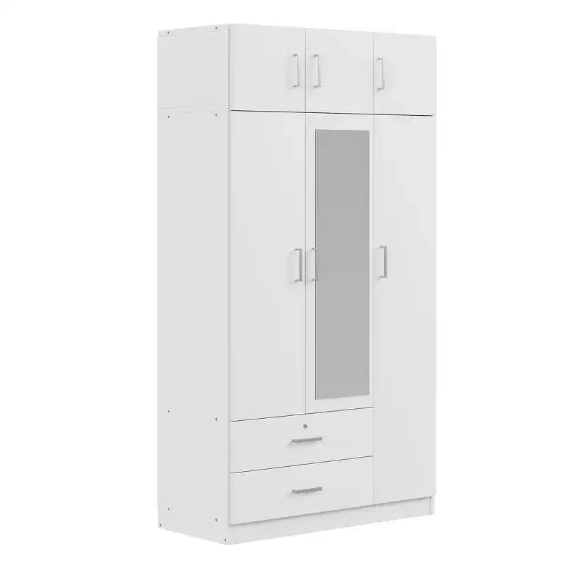 Armoire penderie 3 portes en bois avec miroir, 2 tiroirs, étagères, tringle de suspension et placard supérieur