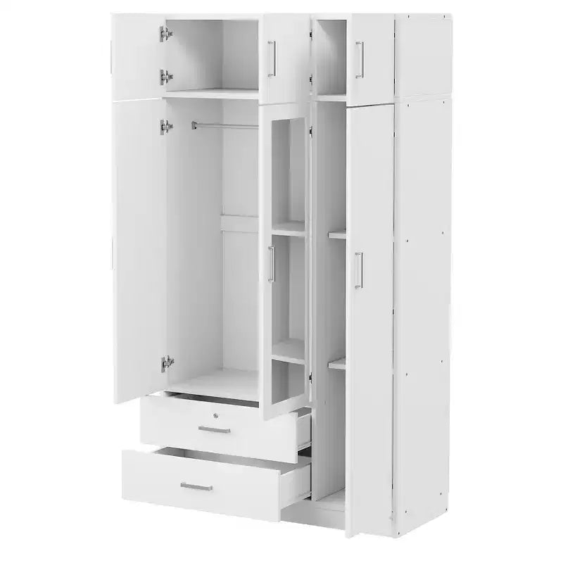 Armoire penderie 3 portes en bois avec miroir, 2 tiroirs, étagères, tringle de suspension et placard supérieur