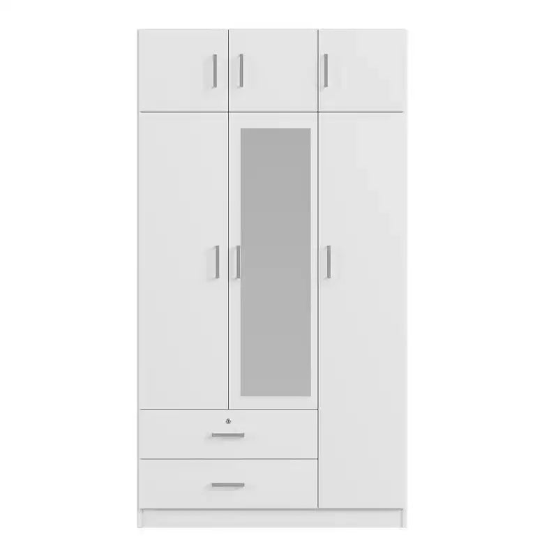 Armoire penderie 3 portes en bois avec miroir, 2 tiroirs, étagères, tringle de suspension et placard supérieur