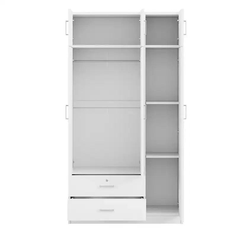 Armoire penderie 3 portes en bois avec miroir, 2 tiroirs, étagères, tringle de suspension et placard supérieur