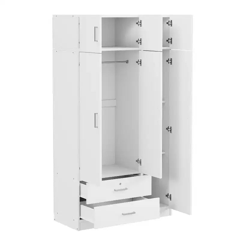 Armoire penderie 3 portes en bois avec miroir, 2 tiroirs, étagères, tringle de suspension et placard supérieur