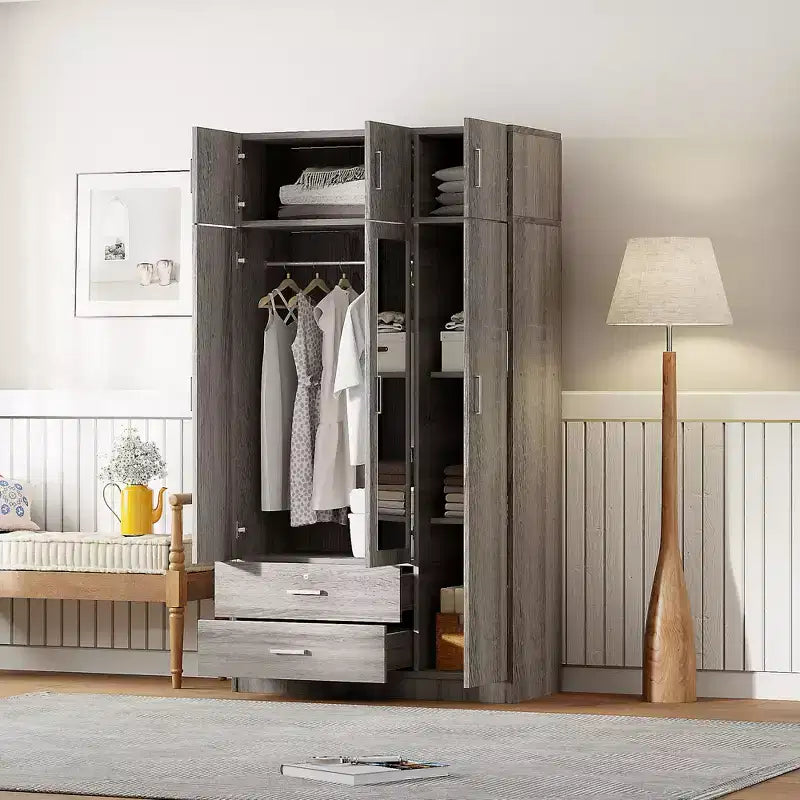 Armoire penderie 3 portes en bois avec miroir, 2 tiroirs, étagères, tringle de suspension et placard supérieur
