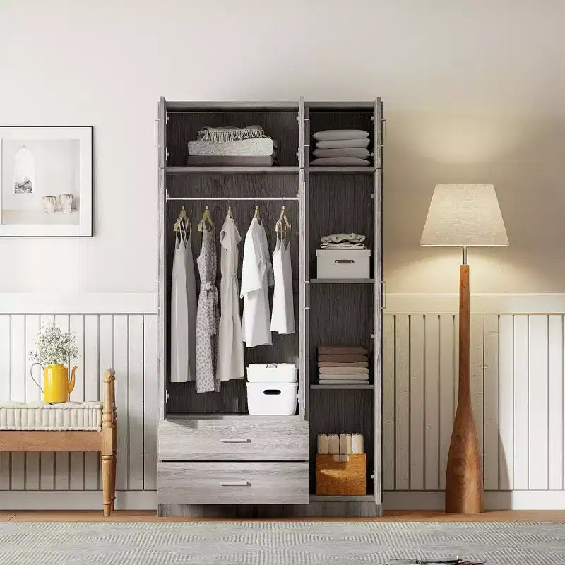 Armoire penderie 3 portes en bois avec miroir, 2 tiroirs, étagères, tringle de suspension et placard supérieur