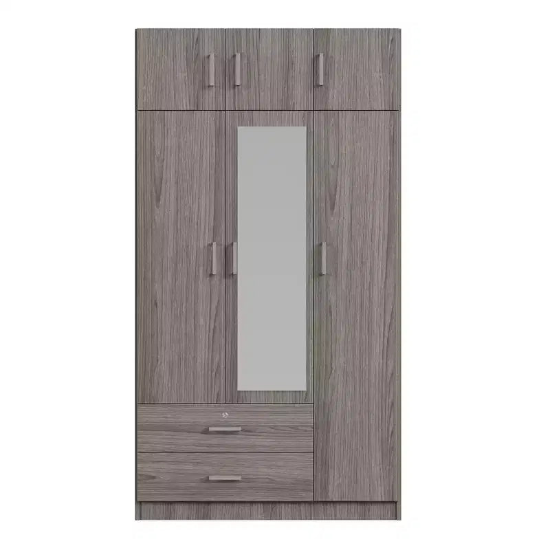 Armoire penderie 3 portes en bois avec miroir, 2 tiroirs, étagères, tringle de suspension et placard supérieur