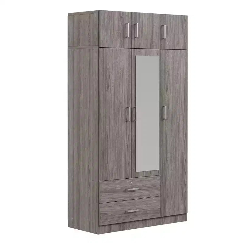 Armoire penderie 3 portes en bois avec miroir, 2 tiroirs, étagères, tringle de suspension et placard supérieur