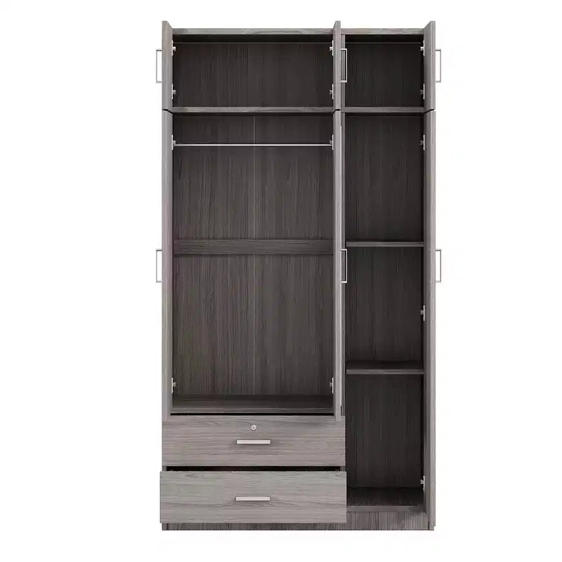 Armoire penderie 3 portes en bois avec miroir, 2 tiroirs, étagères, tringle de suspension et placard supérieur