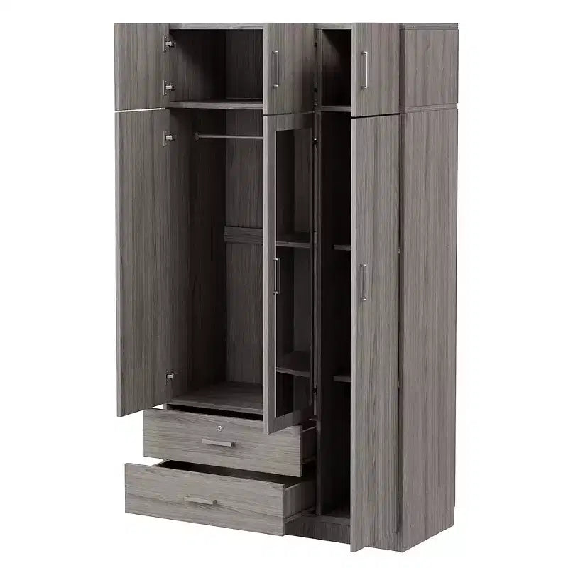 Armoire penderie 3 portes en bois avec miroir, 2 tiroirs, étagères, tringle de suspension et placard supérieur