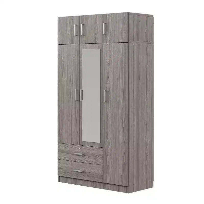 Armoire penderie 3 portes en bois avec miroir, 2 tiroirs, étagères, tringle de suspension et placard supérieur
