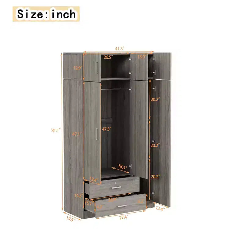 Armoire penderie 3 portes en bois avec miroir, 2 tiroirs, étagères, tringle de suspension et placard supérieur